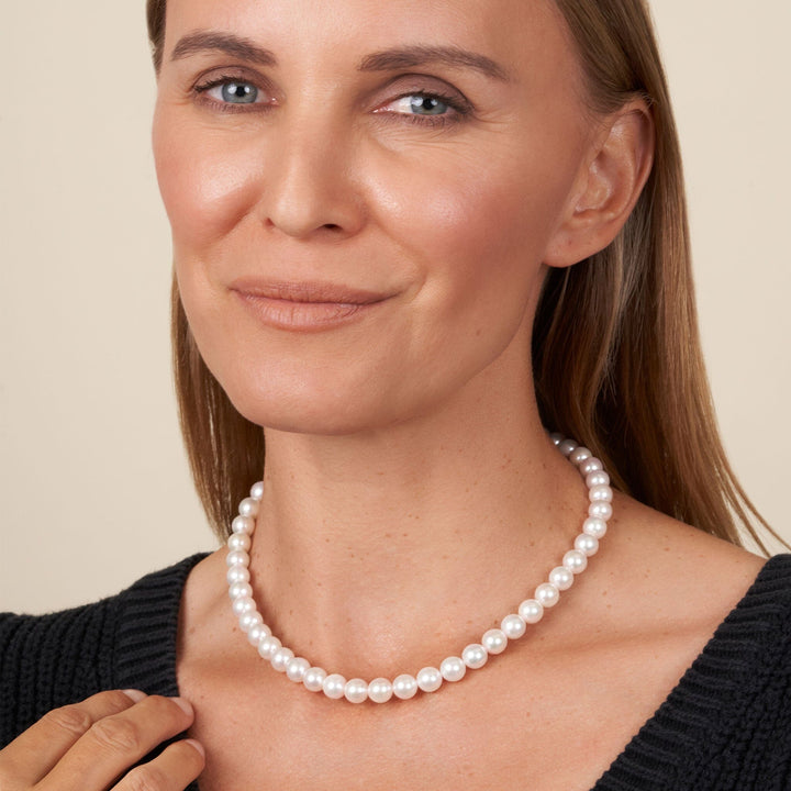 8.0-8.5 mm 18 Inch AA+ Bright White Silver Tone Akoya Pearl Necklace