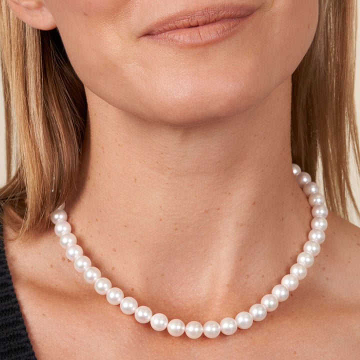 8.0-8.5 mm 18 Inch AA+ Bright White Silver Tone Akoya Pearl Necklace