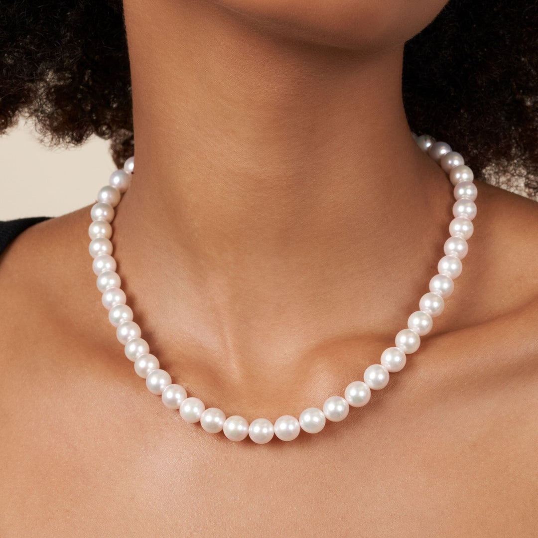 8.0-8.5 mm 18 Inch AA+ Bright White Silver Tone Akoya Pearl Necklace