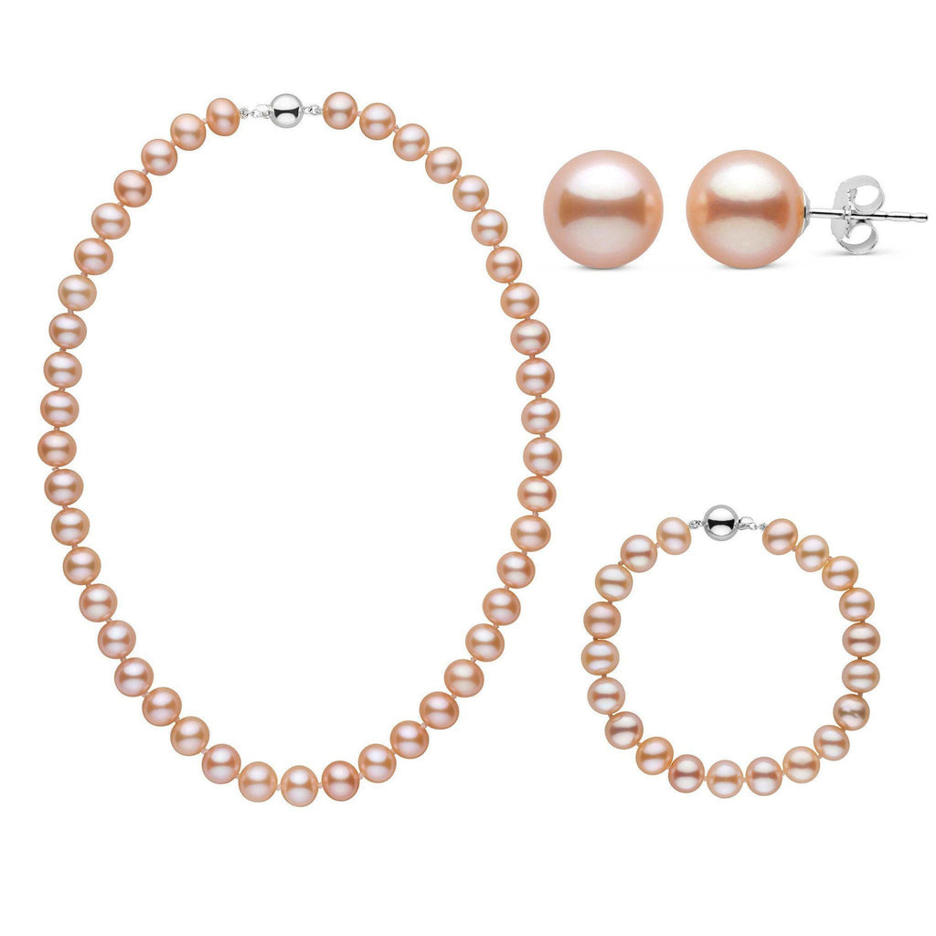 16 inch 3 Piece Set of 8.5-9.0 mm AA+ White Freshwater Pearls 14K Yellow Gold Ball Polished / 7 inch by Pearl Paradise