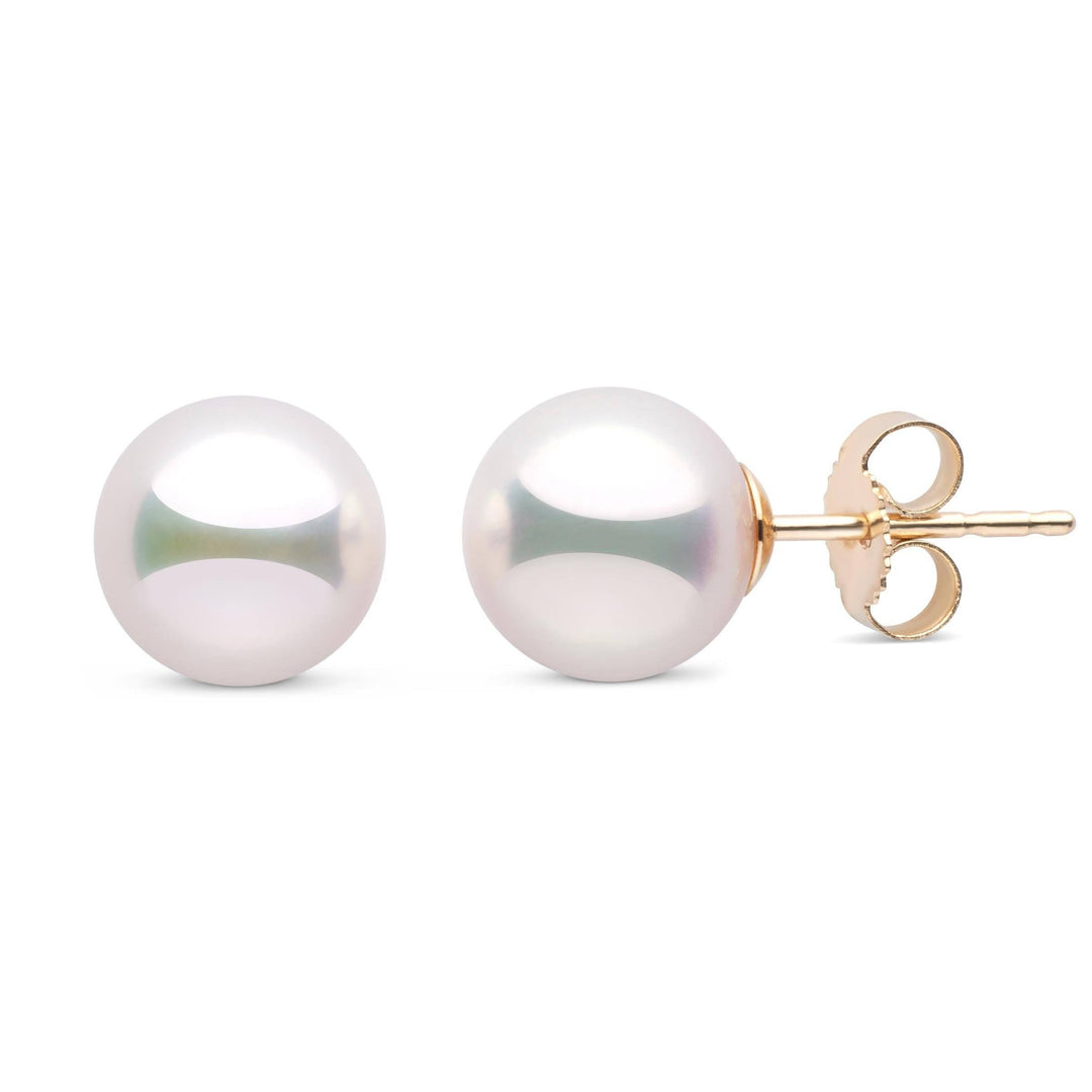 Certified 8.0-8.5 mm White Hanadama Pearl Stud Earrings yellow gold