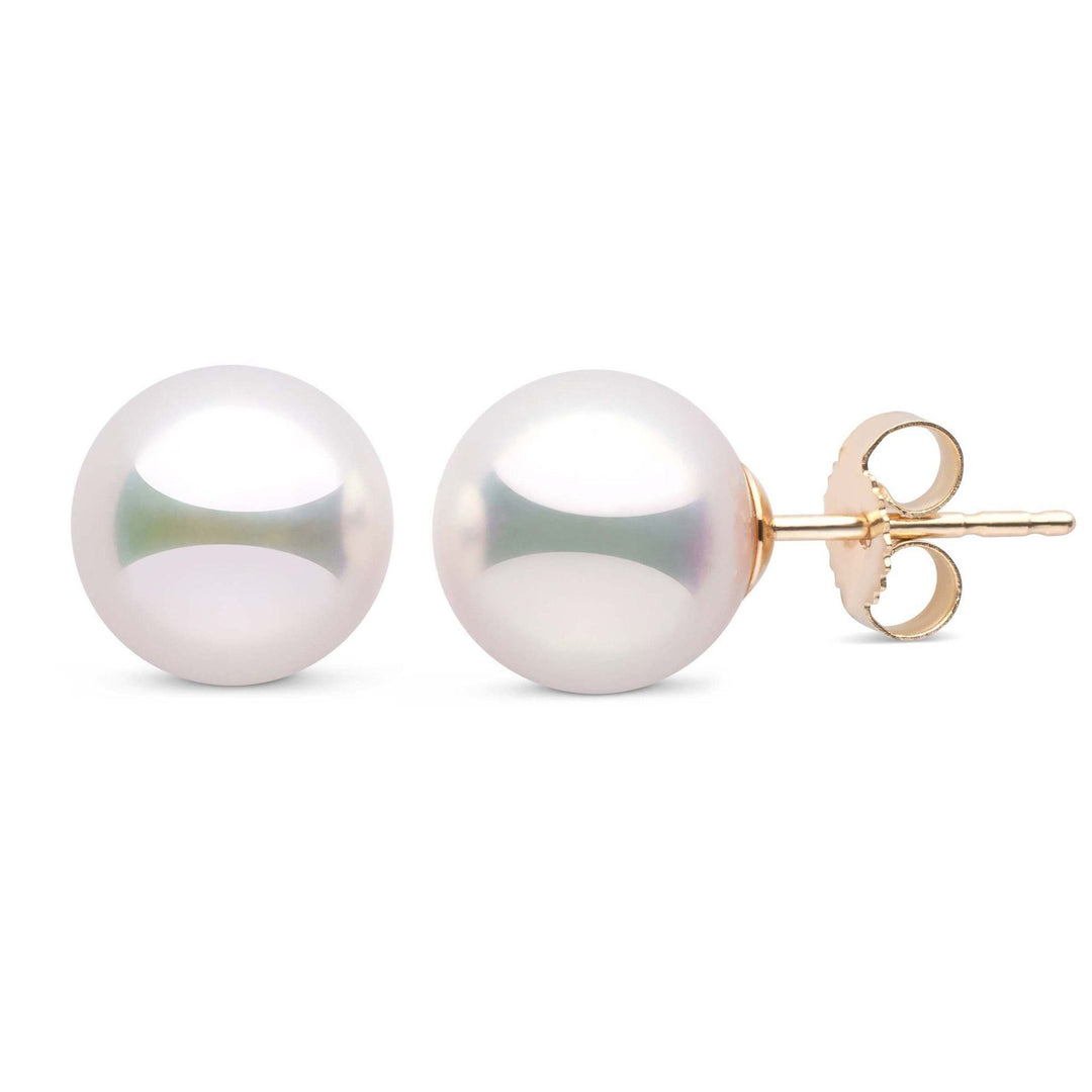 Certified, large 9.0-9.5 mm White Hanadama Pearl Stud Earrings in yellow gold