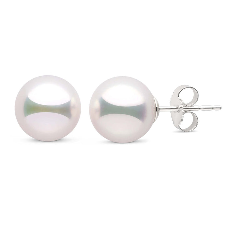 Certified, large 9.0-9.5 mm White Hanadama Pearl Stud Earrings in white gold