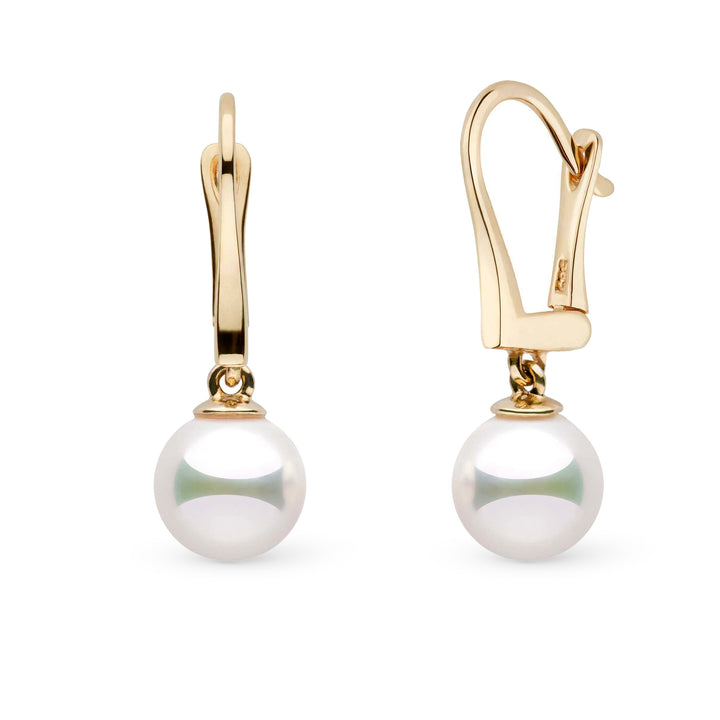 Classic Collection 8.0-8.5 mm Natural White Hanadama Pearl Dangle Earrings yellow gold