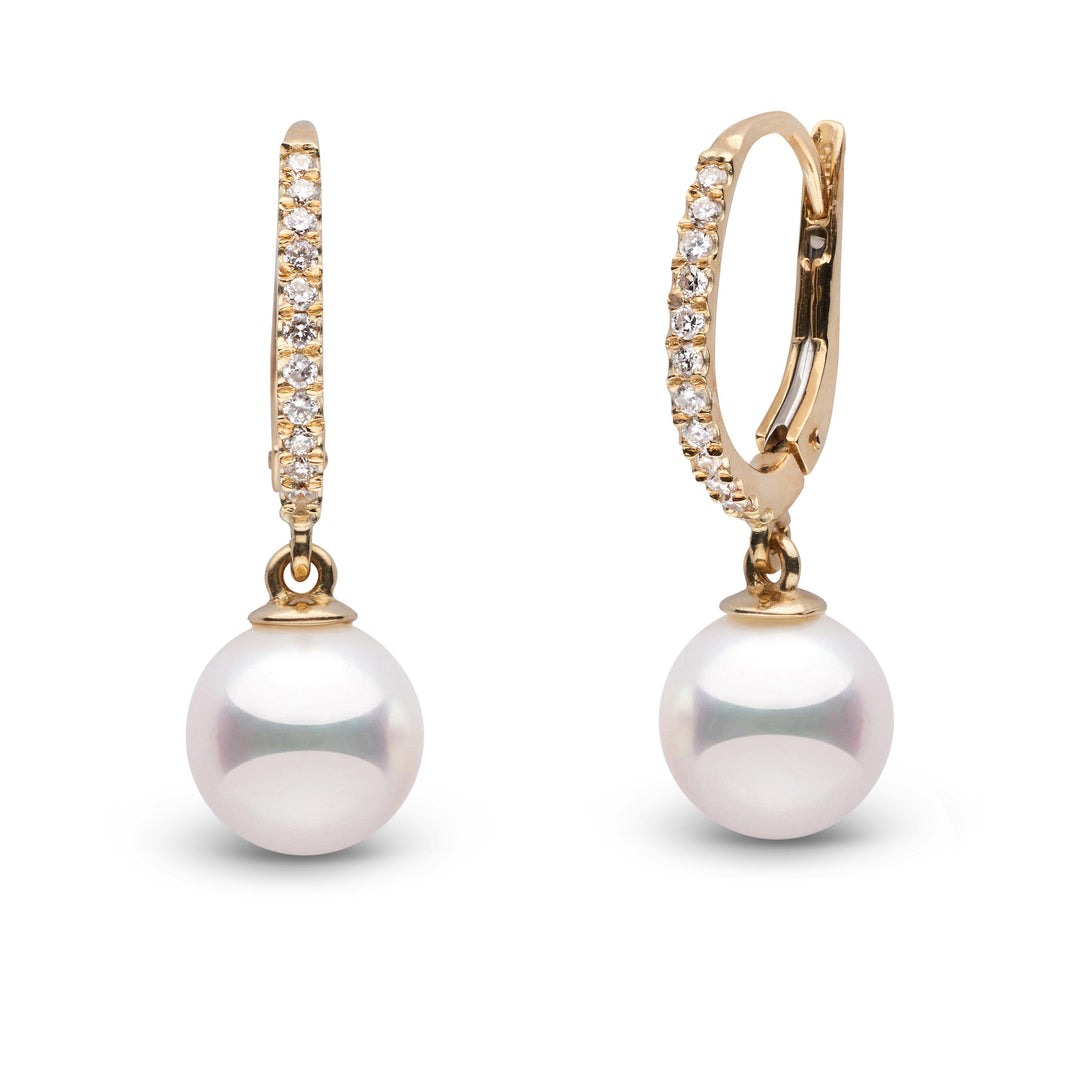 Eternal Collection 8.0-8.5 mm White Hanadama Pearl and Diamond Dangle Earrings yellow gold