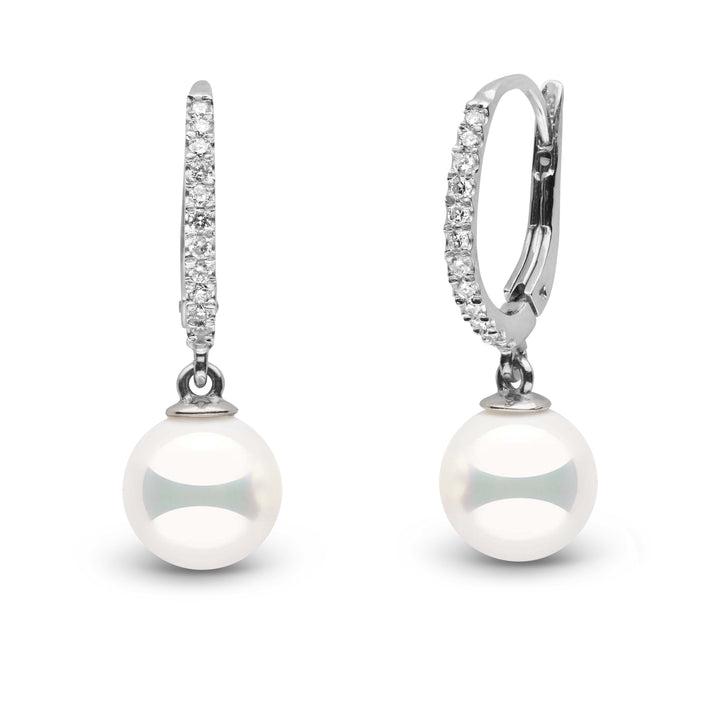 Eternal Collection 8.0-8.5 mm Natural White Hanadama Pearl and Diamond Dangle Earrings white gold