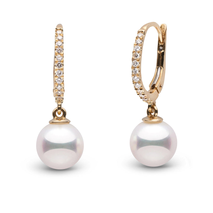 Eternal Collection 8.5-9.0 mm White Hanadama Pearl and Diamond Dangle Earrings yellow gold