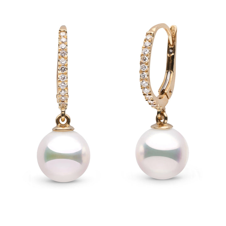 Certified, Large Eternal Collection 9.0-9.5 mm White Hanadama Pearl and Diamond Dangle Earrings yellow gold