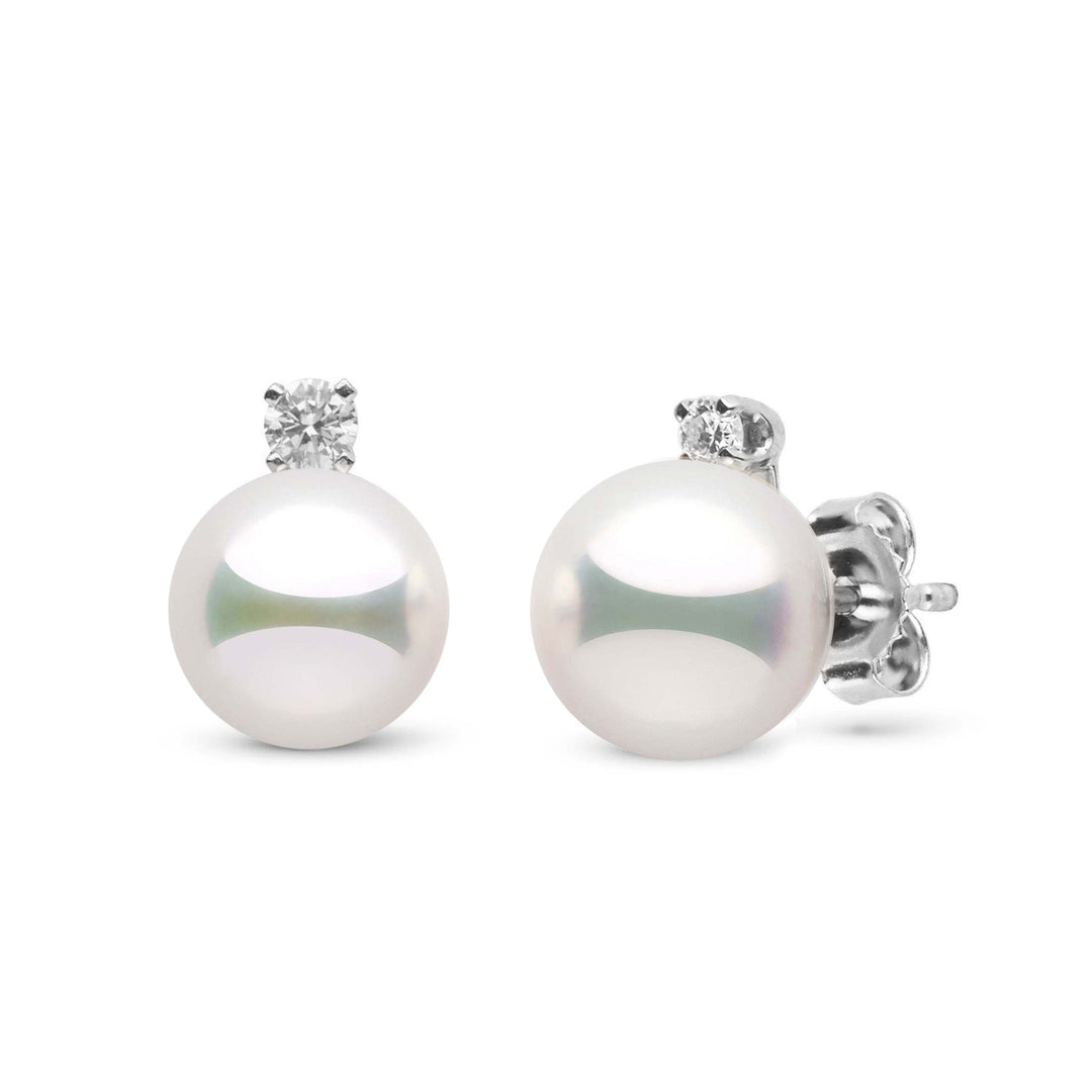 Lab Certified 8.0-8.5 mm White Hanadama Pearl and VS1-G Quality Diamond Stud Earrings in white gold